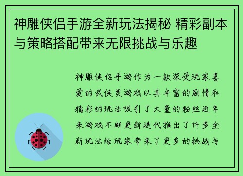 神雕侠侣手游全新玩法揭秘 精彩副本与策略搭配带来无限挑战与乐趣