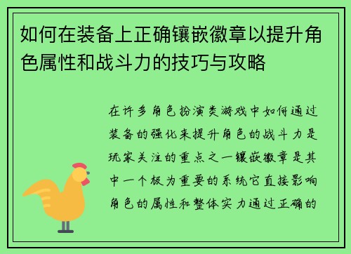 如何在装备上正确镶嵌徽章以提升角色属性和战斗力的技巧与攻略 如何在装备上正确镶嵌徽章以提升角色属性和战斗力的技巧与攻略